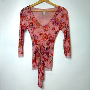 Odille Vintage Pink Floral Mesh Layered Top with Tie Front